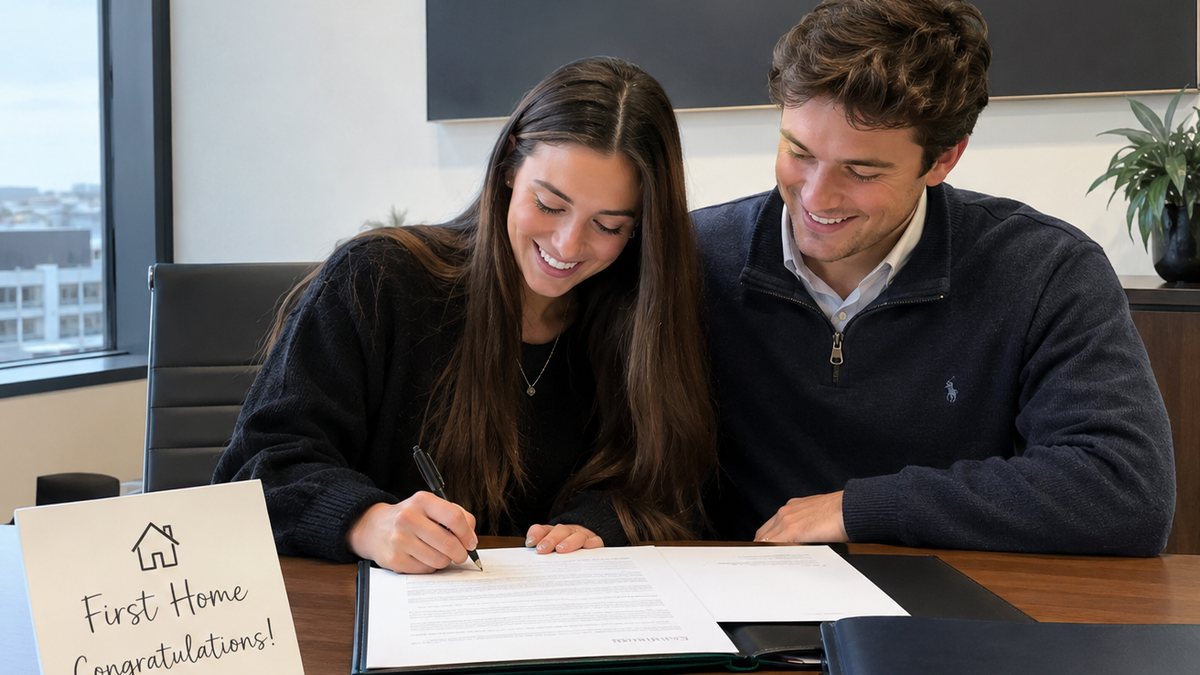 A smiling couple signs closing documents at a title company, with house keys and a &ldquo;First Home, Congratulations!&rdquo; card on the table.